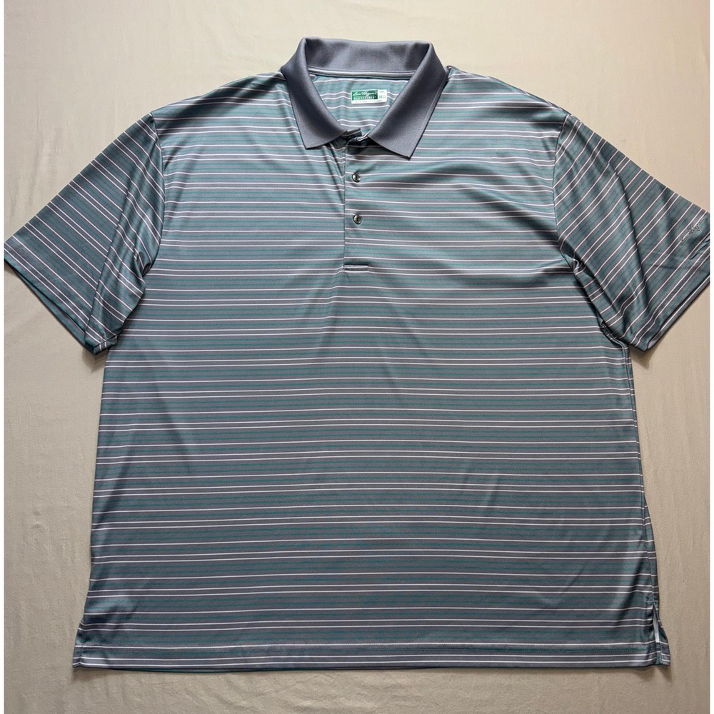 Ben‎ Hogan Performance Mens 3XL Polo Shirt Grey Teal Striped Golf Short Sleeve